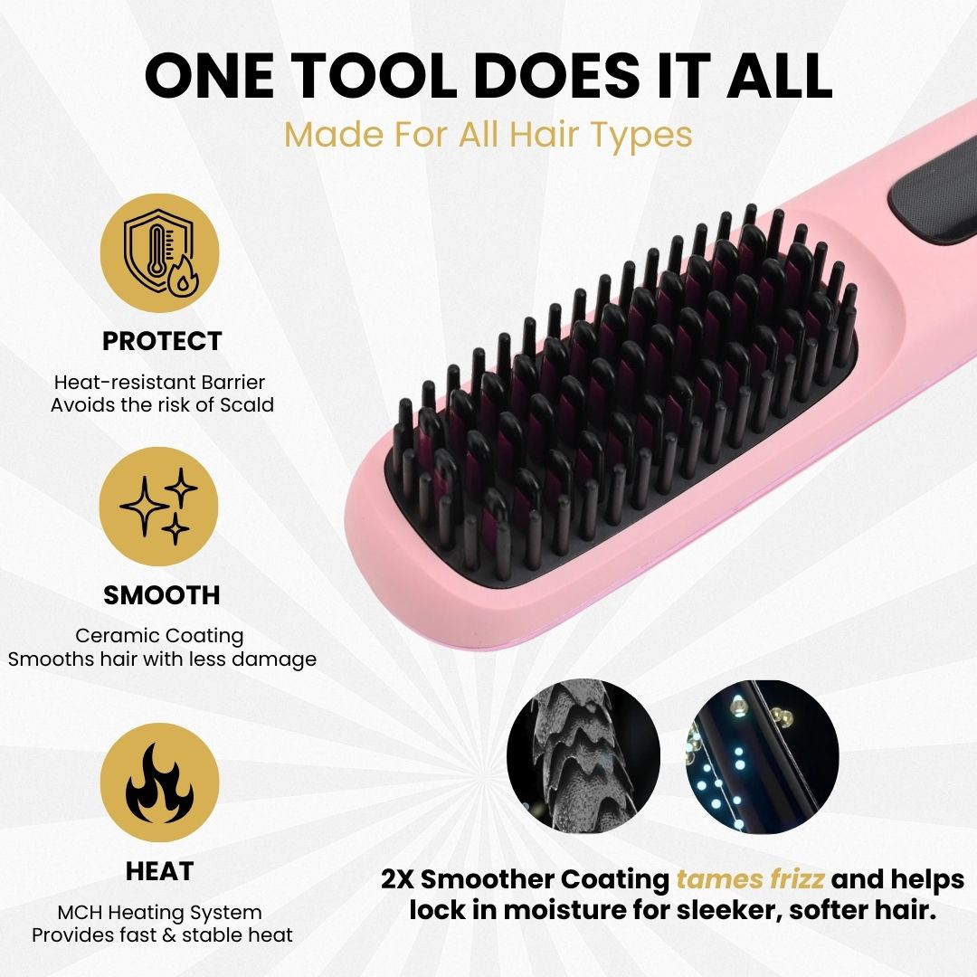 Wireless Heated Hair Brush | Customizable Heat Settings & Safe for All Hair Types, Perfect for Travel and On-the-Go Styling