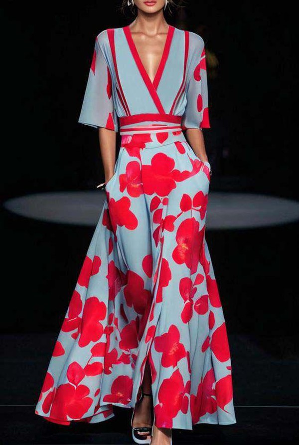 Women's Floral Print V-Neck Maxi Dress with Pockets & Elbow Sleeves - Comfortable Casual Dress for Women