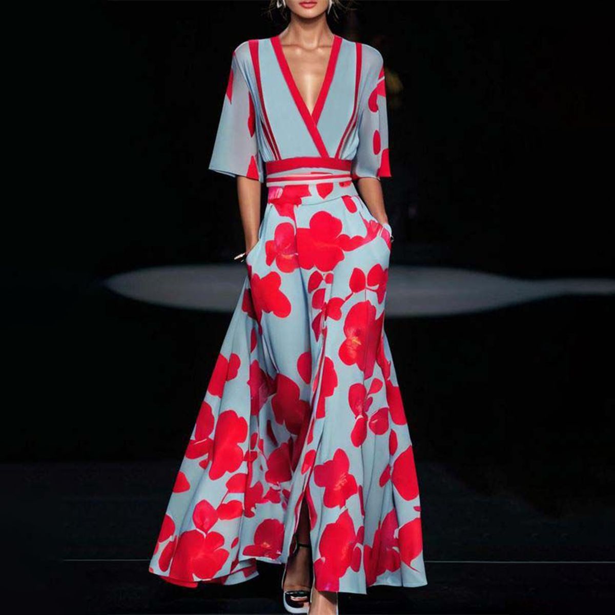 Women's Floral Print V-Neck Maxi Dress with Pockets & Elbow Sleeves - Comfortable Casual Dress for Women