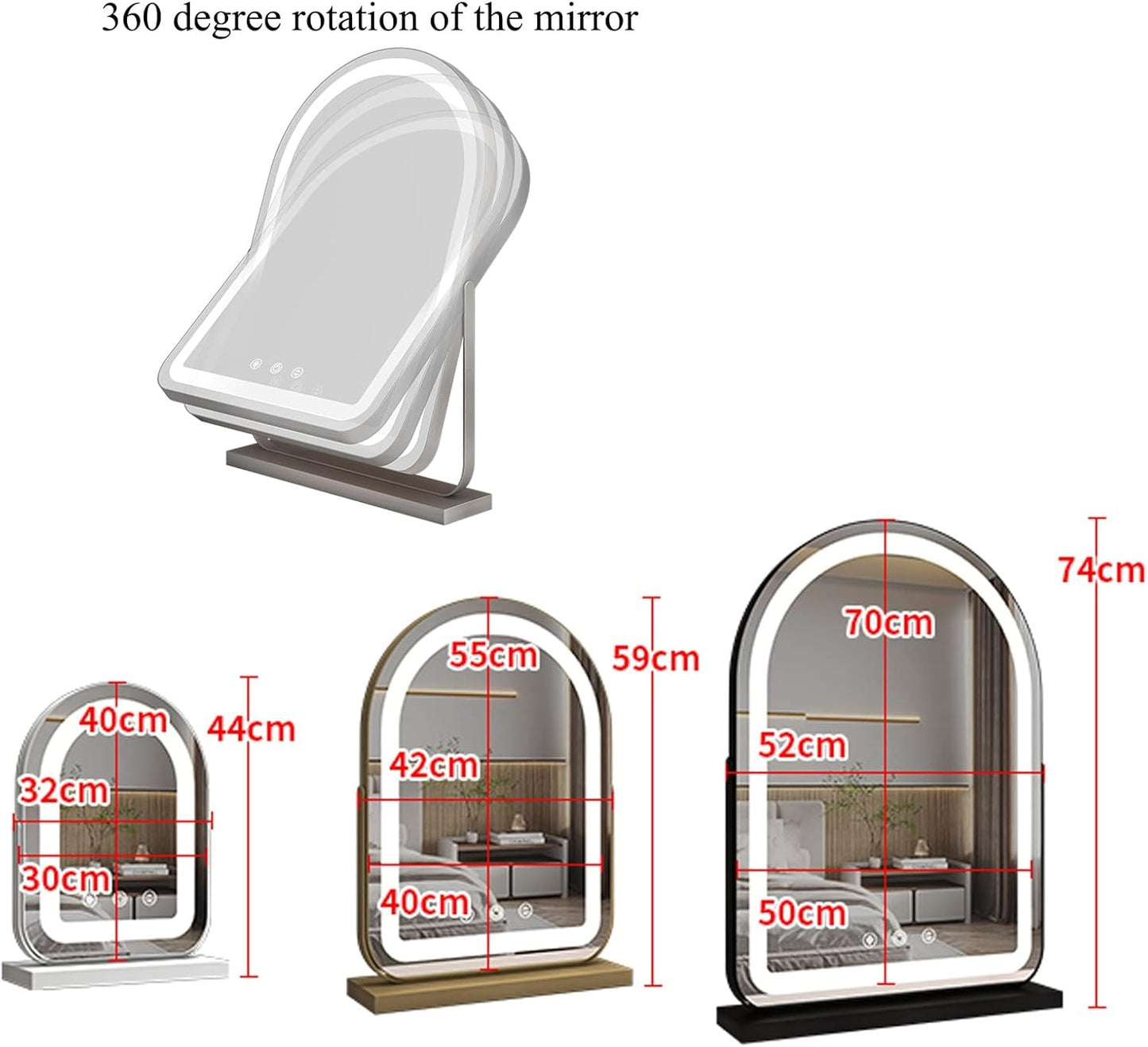 Large Arched LED Vanity Mirror | 360° Rotation, Dimmable Brightness & 3 Light Modes for Bedroom and Dressing Room