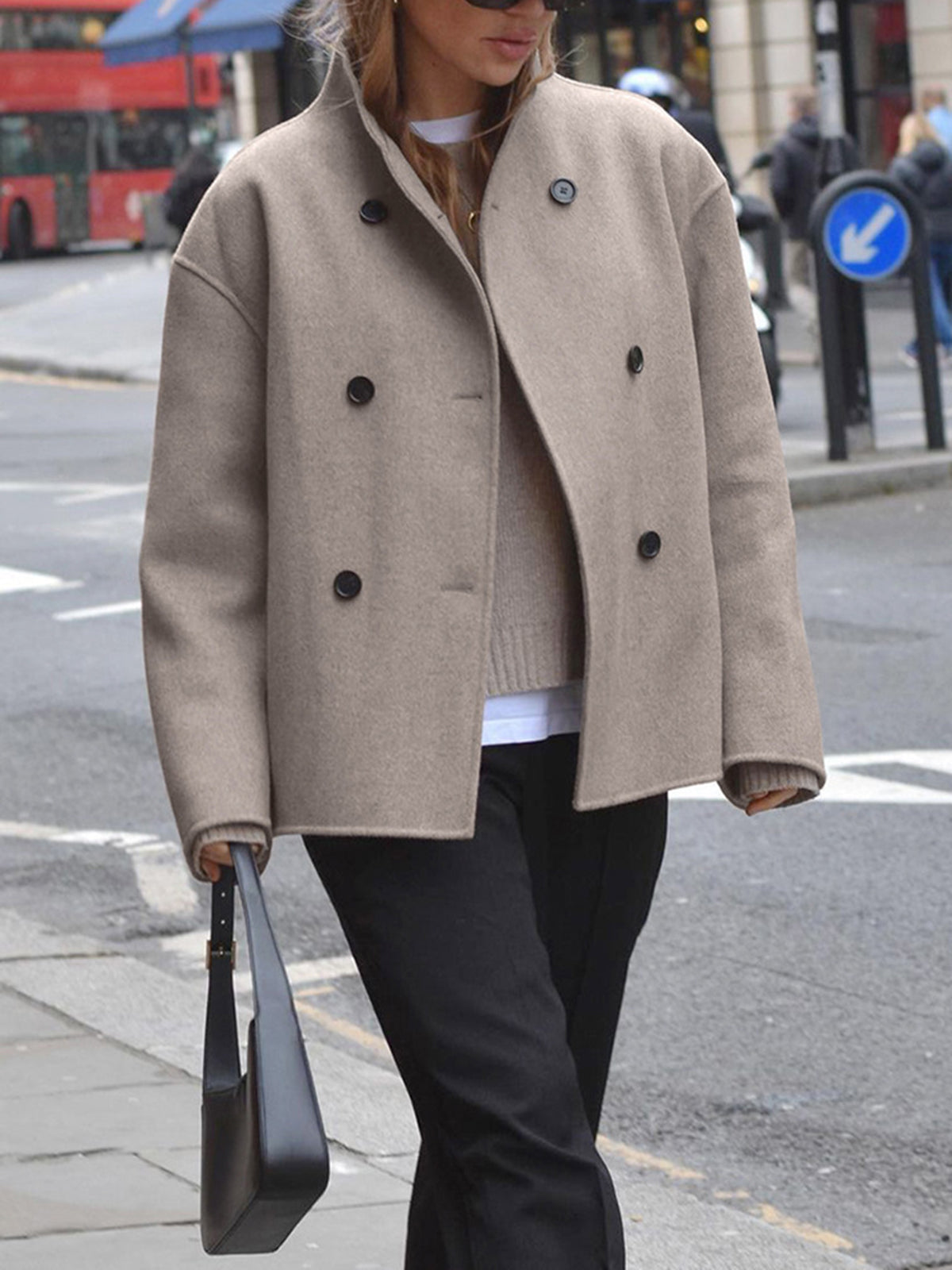 Women's Short Wool Jacket | Stand-Up Collar, Button Closure & Versatile for Casual or Formal Wear