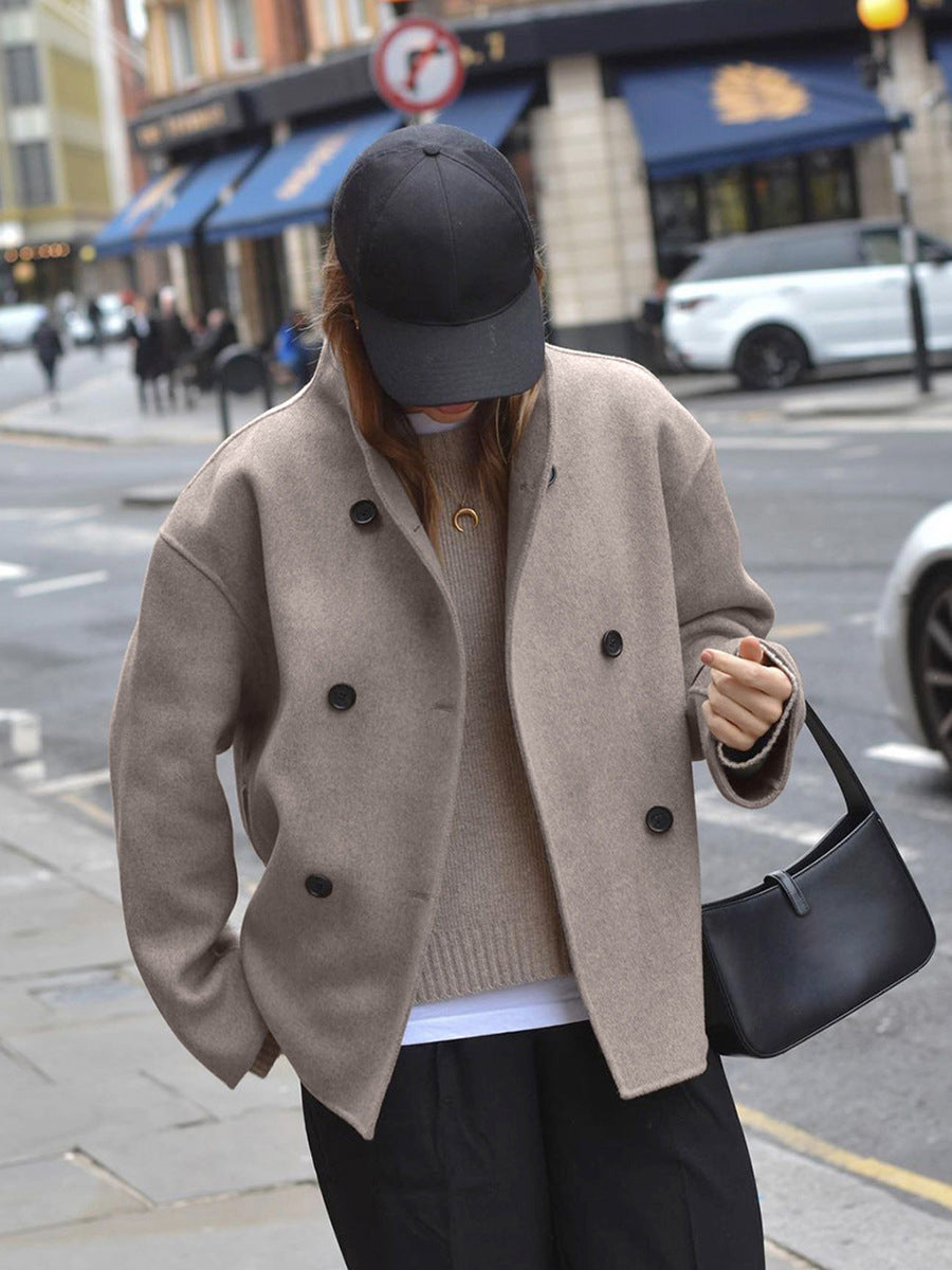 Women's Short Wool Jacket | Stand-Up Collar, Button Closure & Versatile for Casual or Formal Wear