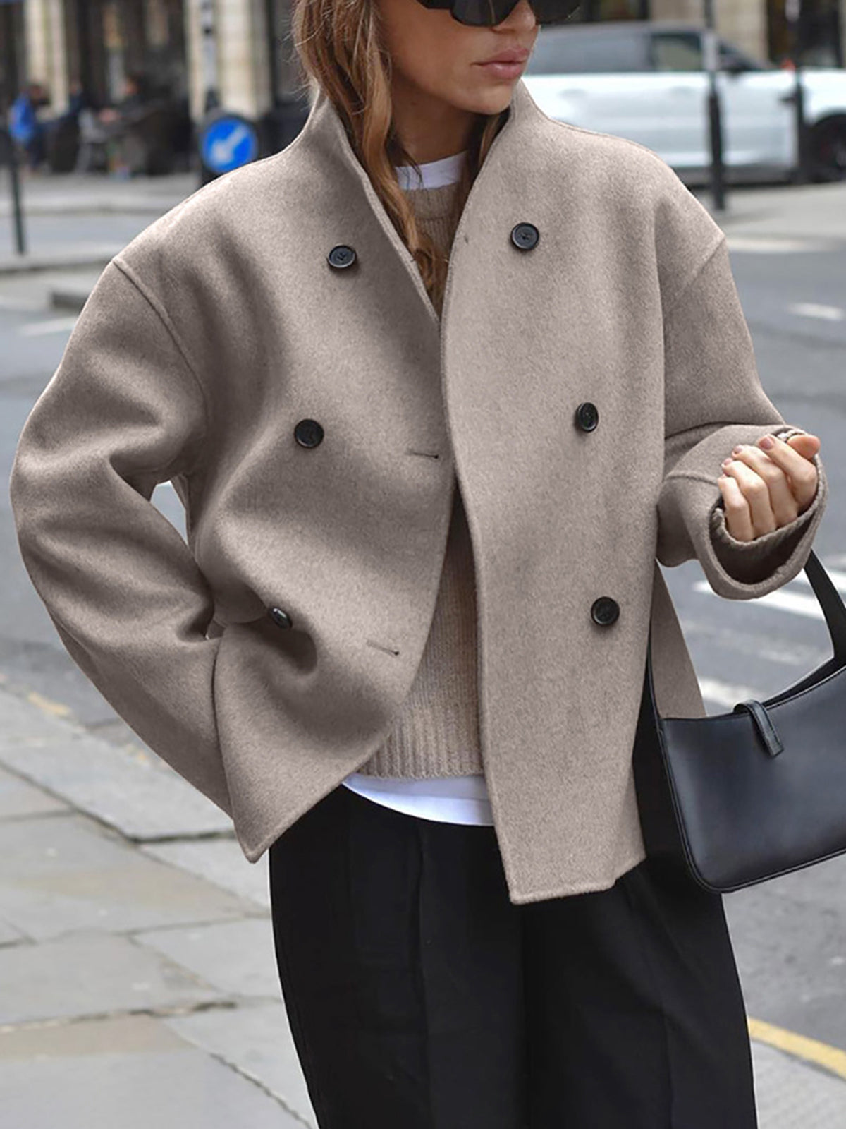 Women's Short Wool Jacket | Stand-Up Collar, Button Closure & Versatile for Casual or Formal Wear