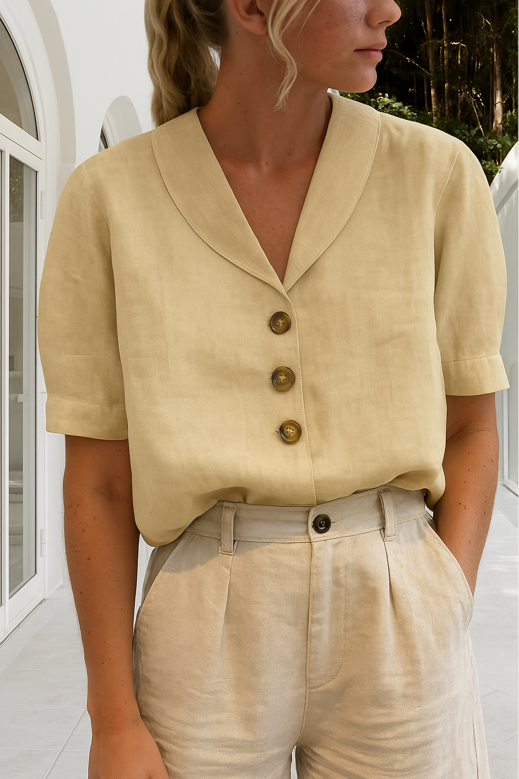 Cotton and Linen T-Shirt for Women | Breathable, Versatile Design with Envelope Neckline for Casual and Stylish Outfits