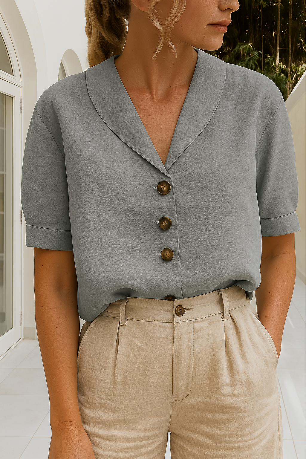 Cotton and Linen T-Shirt for Women | Breathable, Versatile Design with Envelope Neckline for Casual and Stylish Outfits
