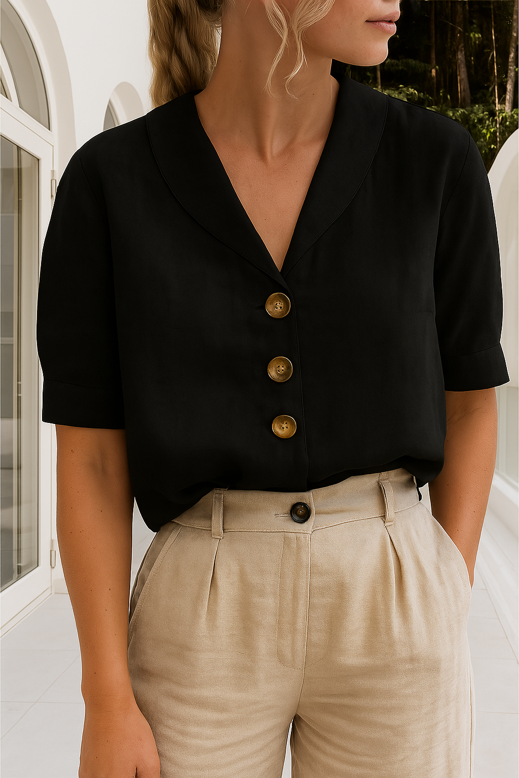 Cotton and Linen T-Shirt for Women | Breathable, Versatile Design with Envelope Neckline for Casual and Stylish Outfits