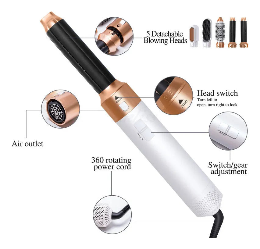 5-in-1 Hair Styler Set | Curling Wand & Hot Air Brush with Interchangeable Attachments for Waves, Volume & Defined Curls