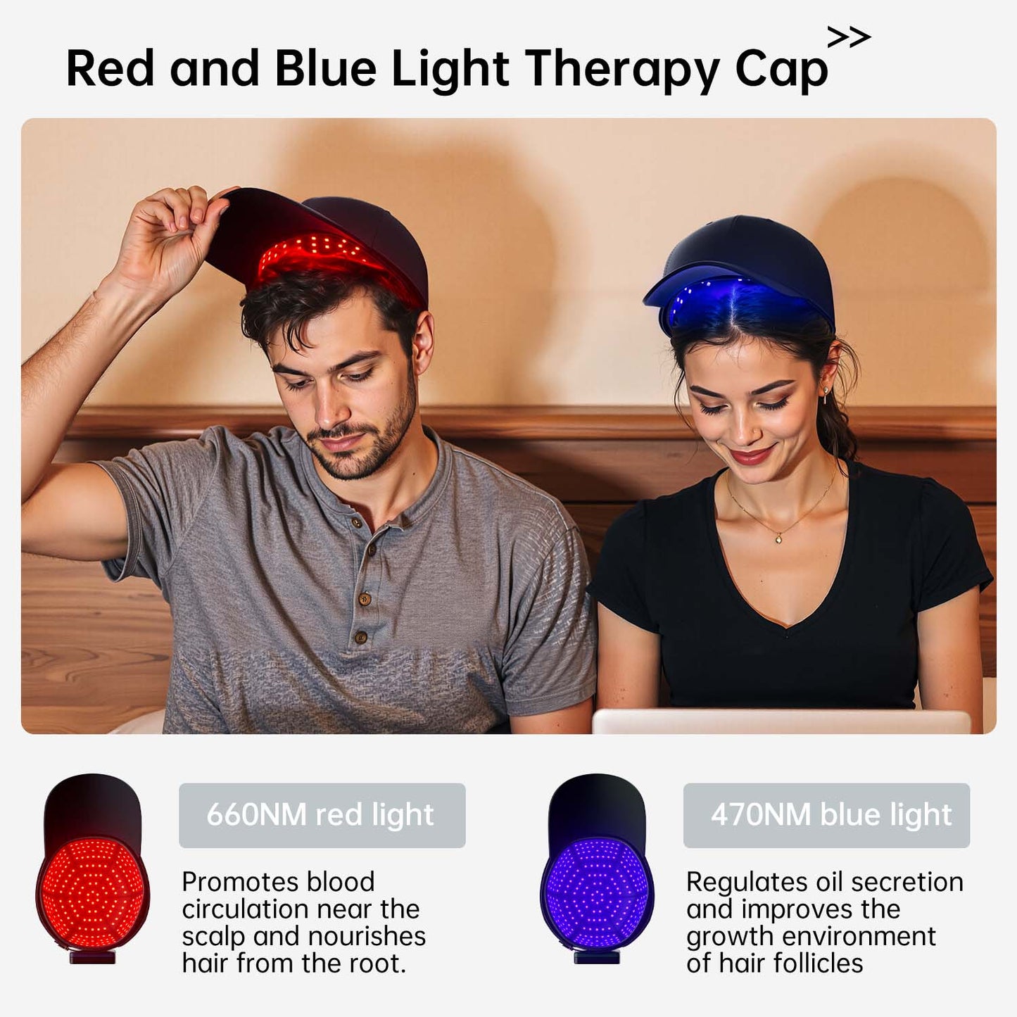LED Red and Blue Light Therapy Cap | Wireless, Full-Head Coverage for Hair Regrowth and Scalp Care at Home or On-the-Go