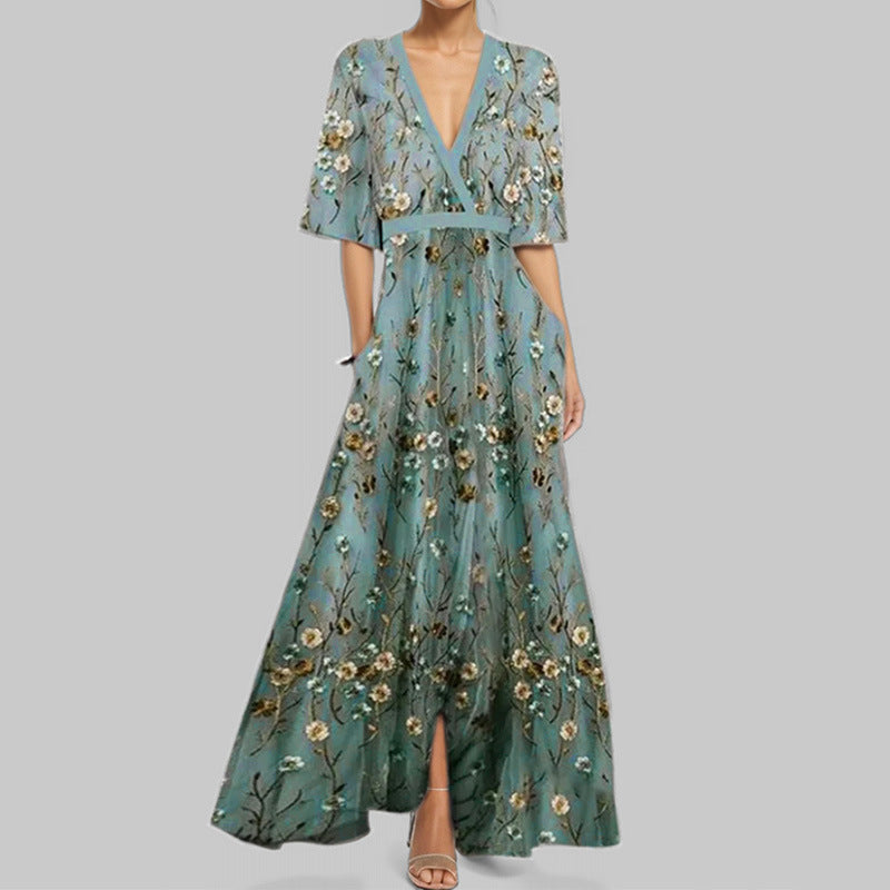 Women's Floral Print V-Neck Maxi Dress with Pockets & Elbow Sleeves - Comfortable Casual Dress for Women