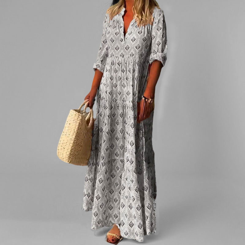 Women’s Lightweight Maxi Dress – Loose Fit – V-Neck – Vintage Print – 3/4 Sleeve