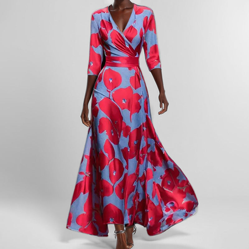 Women's Floral Print V-Neck Maxi Dress with Pockets & Elbow Sleeves - Comfortable Casual Dress for Women
