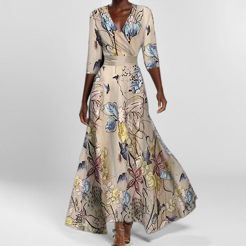Women's Floral Print V-Neck Maxi Dress with Pockets & Elbow Sleeves - Comfortable Casual Dress for Women