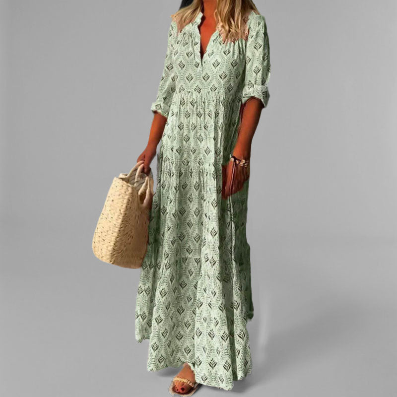 Women’s Lightweight Maxi Dress – Loose Fit – V-Neck – Vintage Print – 3/4 Sleeve