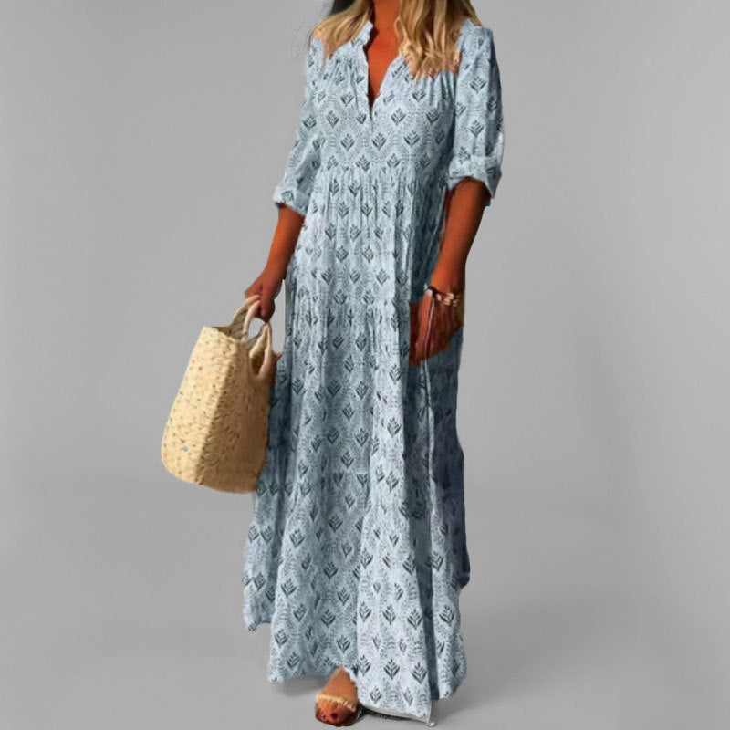 Women’s Lightweight Maxi Dress – Loose Fit – V-Neck – Vintage Print – 3/4 Sleeve