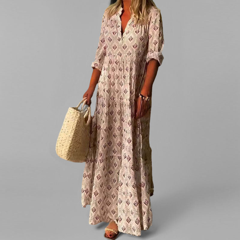 Women’s Lightweight Maxi Dress – Loose Fit – V-Neck – Vintage Print – 3/4 Sleeve