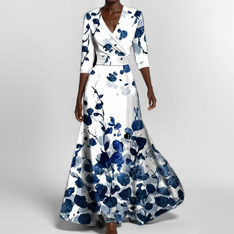 Women's Floral Print V-Neck Maxi Dress with Pockets & Elbow Sleeves - Comfortable Casual Dress for Women