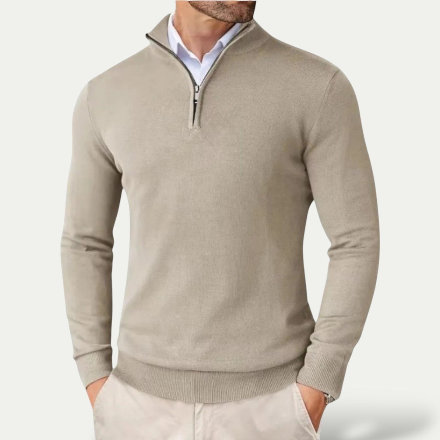 Men's Cashmere Pullover Jumper with Half Zip and Long Sleeves