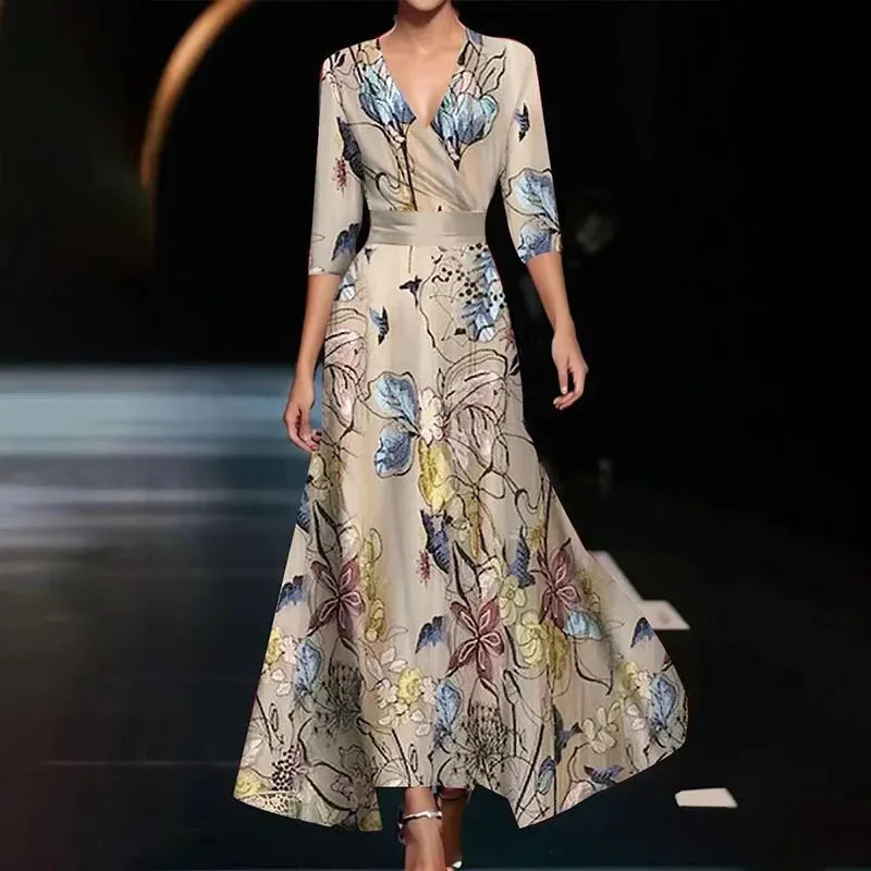 Maxi Dress | Floral Pattern, V-Neck & Three-Quarter Sleeves for Daytime and Evening Events