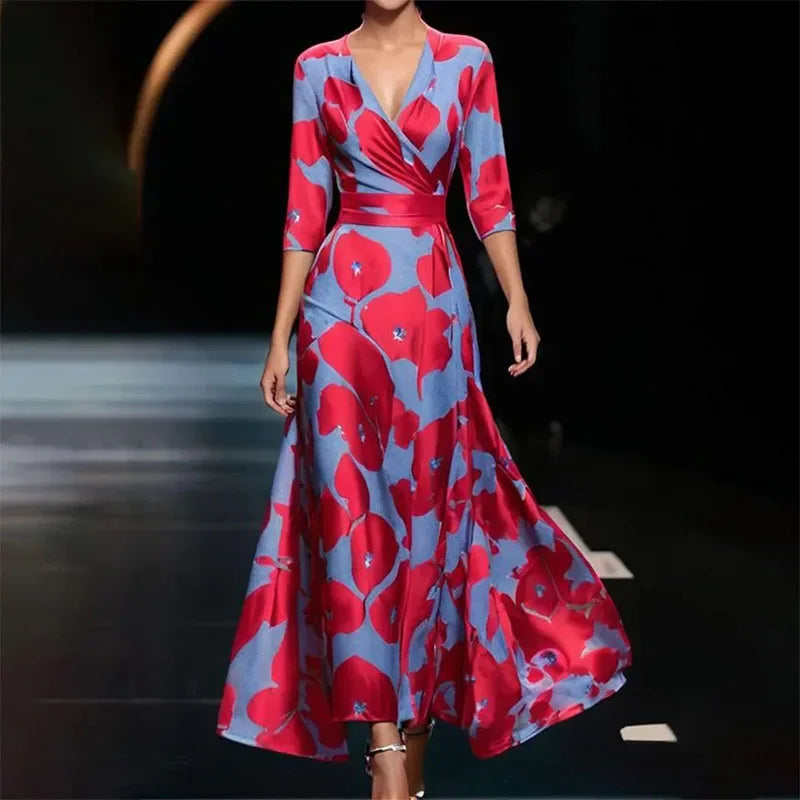 Maxi Dress | Floral Pattern, V-Neck & Three-Quarter Sleeves for Daytime and Evening Events