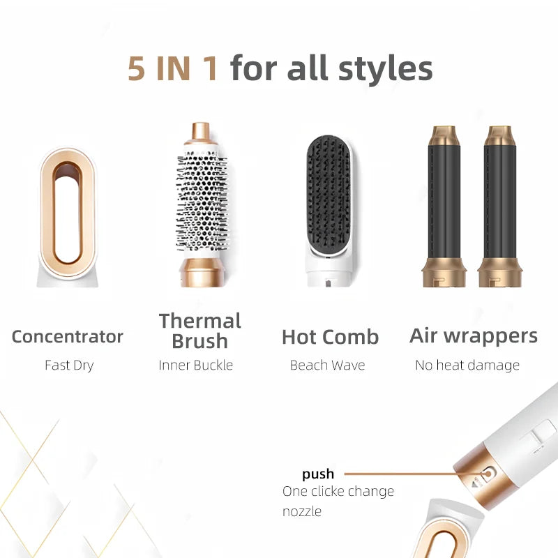 5-in-1 Hair Styler Set | Curling Wand & Hot Air Brush with Interchangeable Attachments for Waves, Volume & Defined Curls
