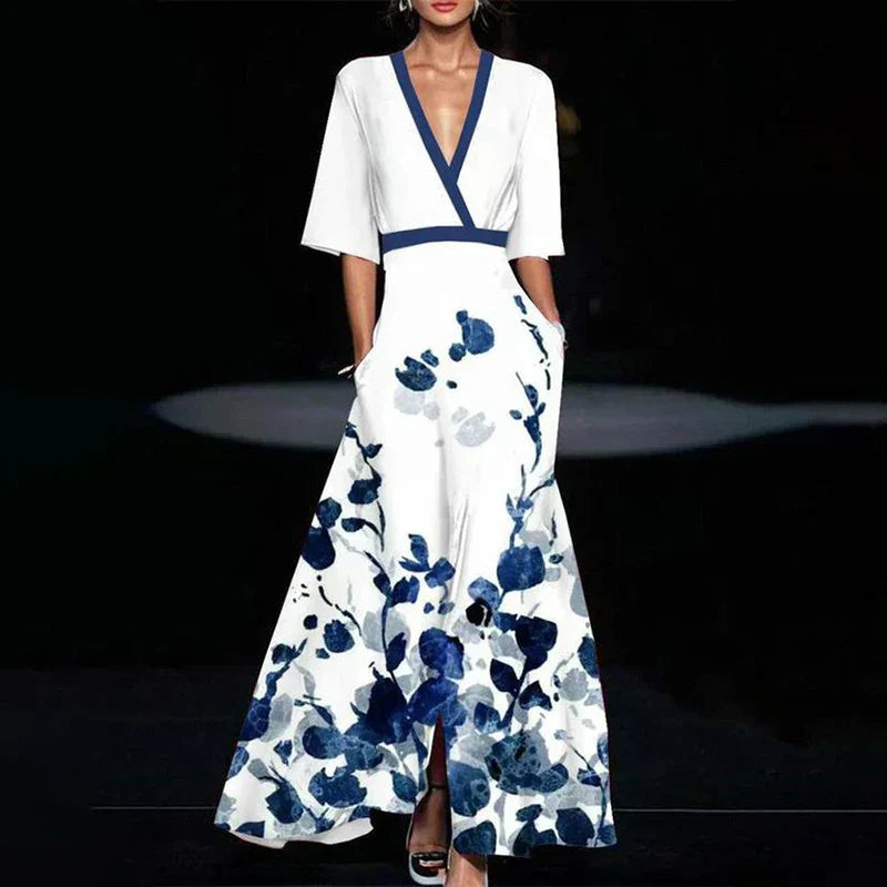 Maxi Dress | Floral Pattern, V-Neck & Three-Quarter Sleeves for Daytime and Evening Events