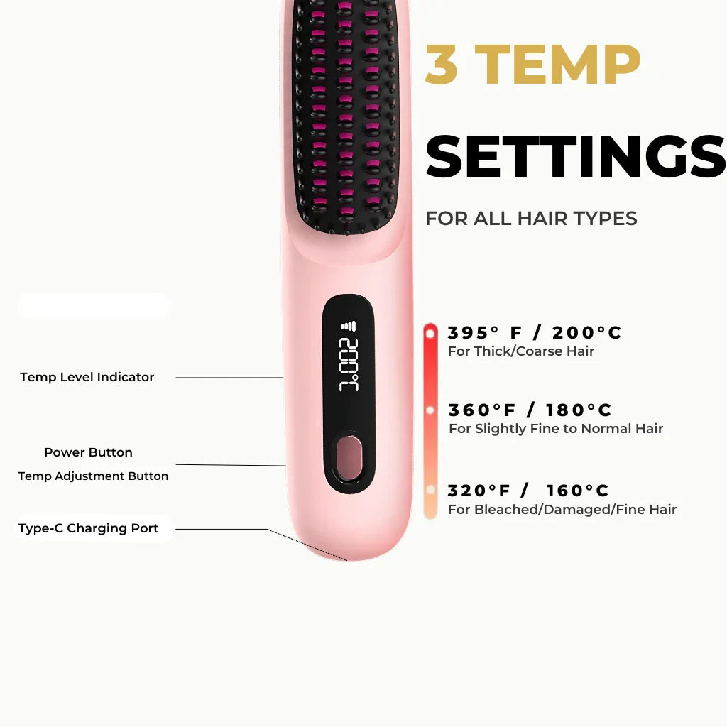 Wireless Heated Brush | Customizable Heat Settings & Portable for Effortless Styling Anytime