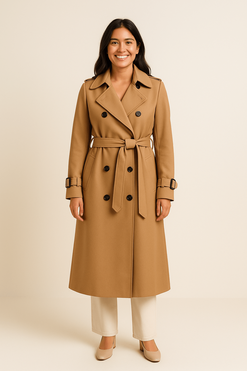 Women's Double-Breasted Trench Coat with Belted Waist - Classic Fit - Stylish Outerwear for All Seasons