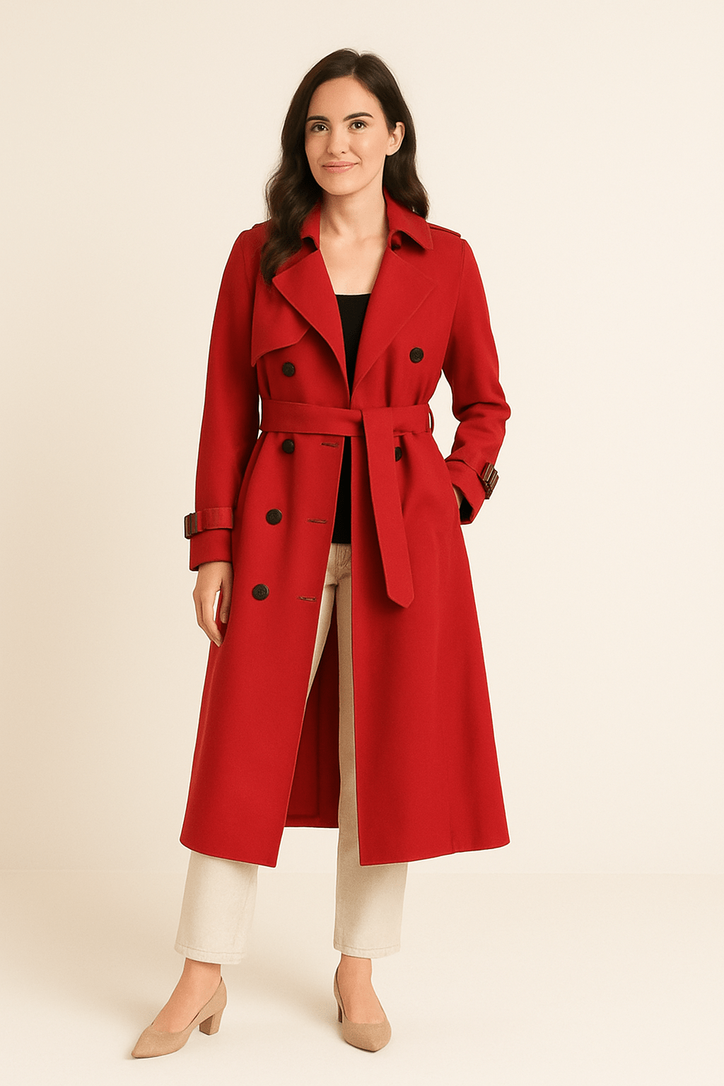 Women's Double-Breasted Trench Coat with Belted Waist - Classic Fit - Stylish Outerwear for All Seasons
