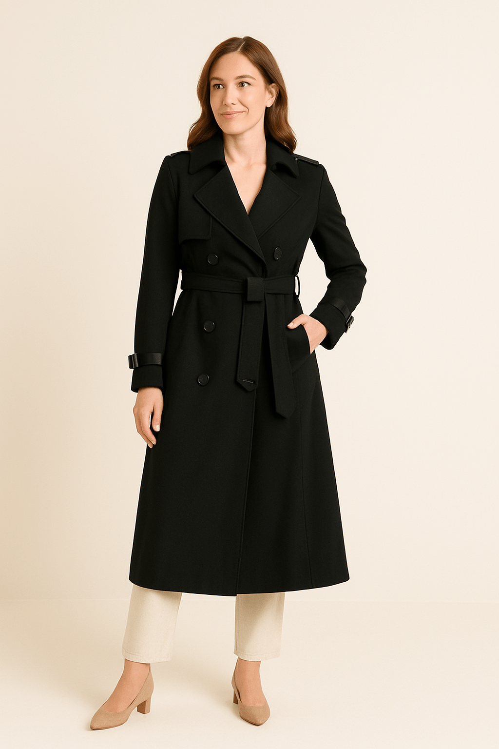 Women's Double-Breasted Trench Coat with Belted Waist - Classic Fit - Stylish Outerwear for All Seasons
