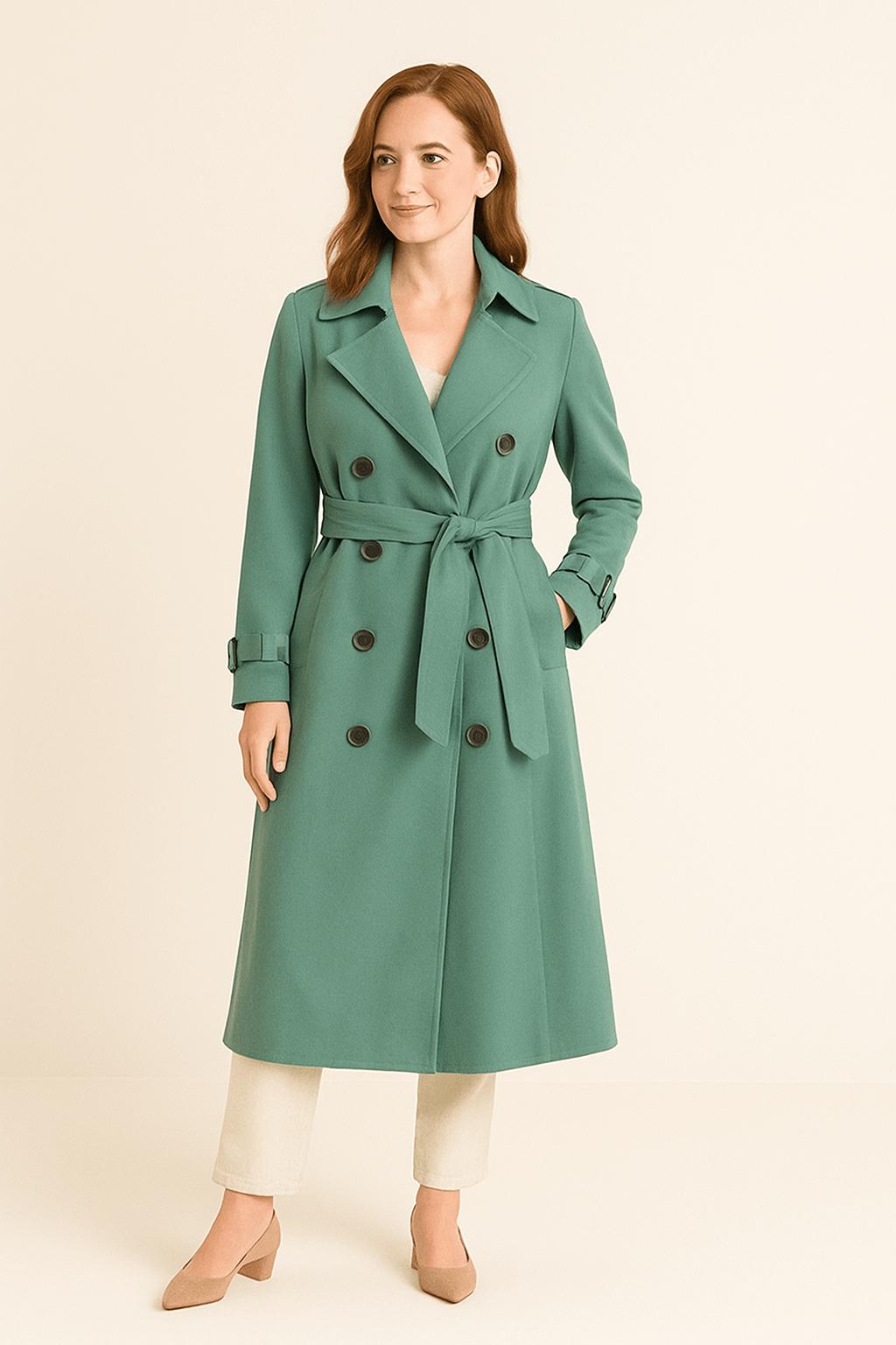 Women's Double-Breasted Trench Coat with Belted Waist - Classic Fit - Stylish Outerwear for All Seasons