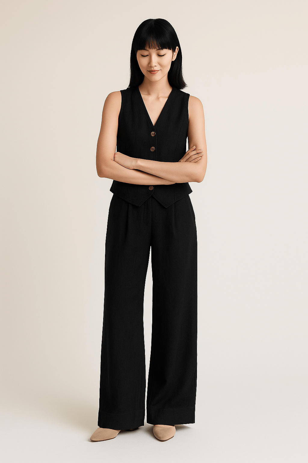 Sleeveless Linen Vest and Wide Trousers Set for Women - Cotton Casual Outfit