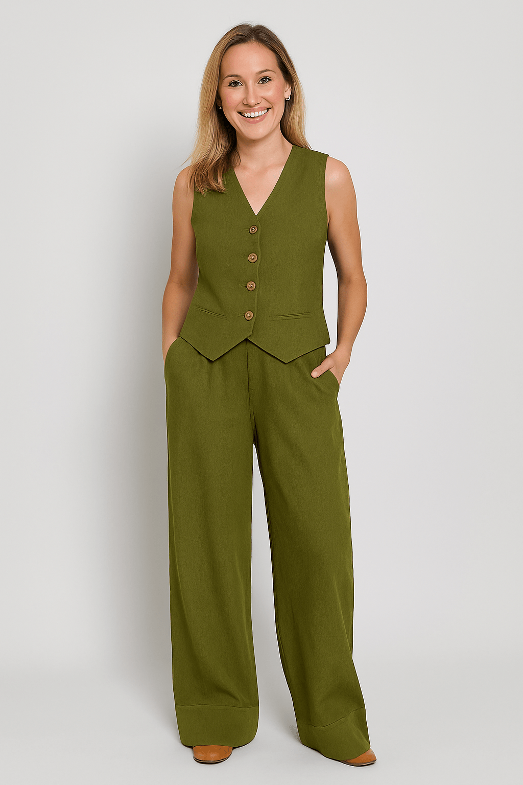 Sleeveless Linen Vest and Wide Trousers Set for Women - Cotton Casual Outfit