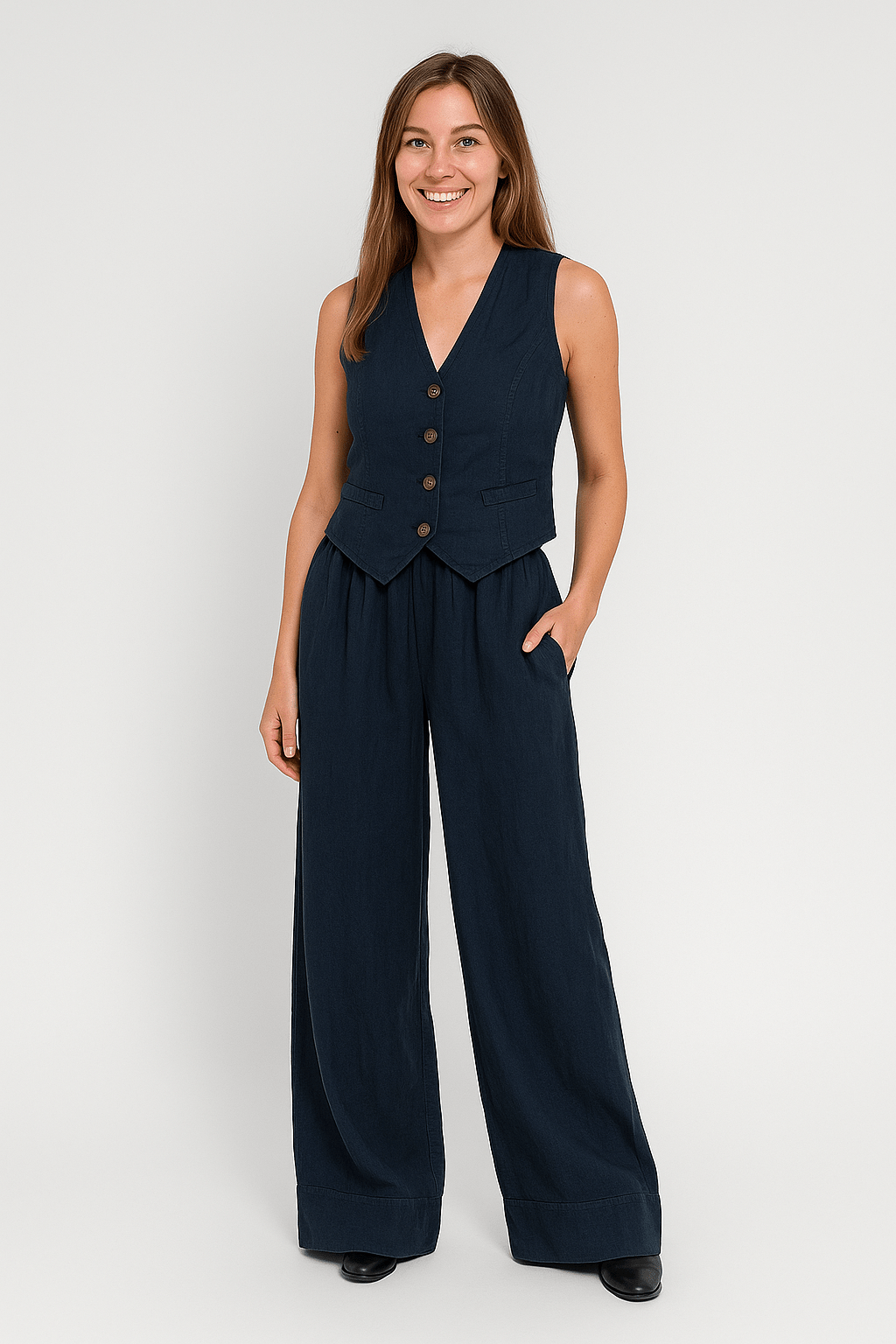 Sleeveless Linen Vest and Wide Trousers Set for Women - Cotton Casual Outfit