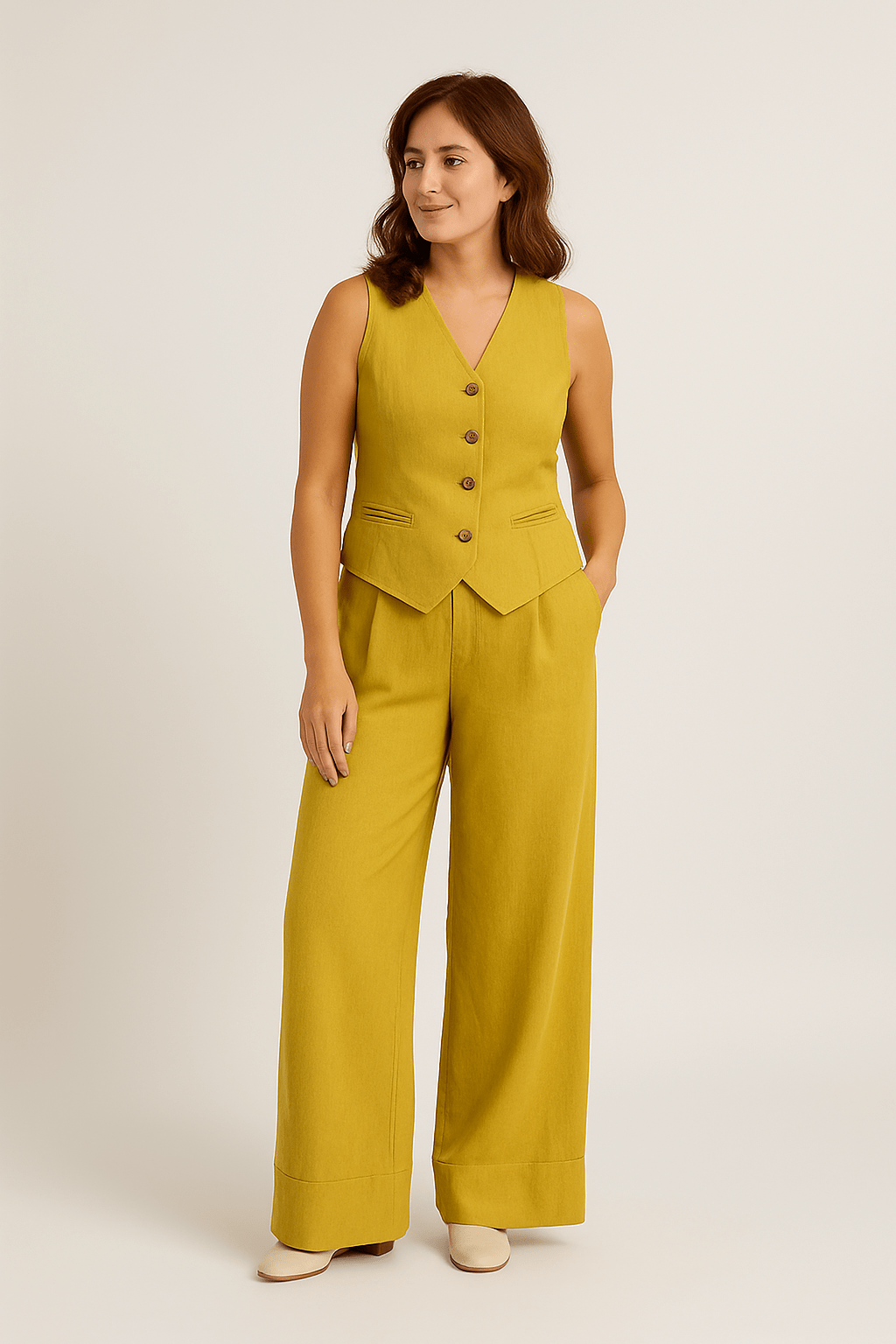 Sleeveless Linen Vest and Wide Trousers Set for Women - Cotton Casual Outfit