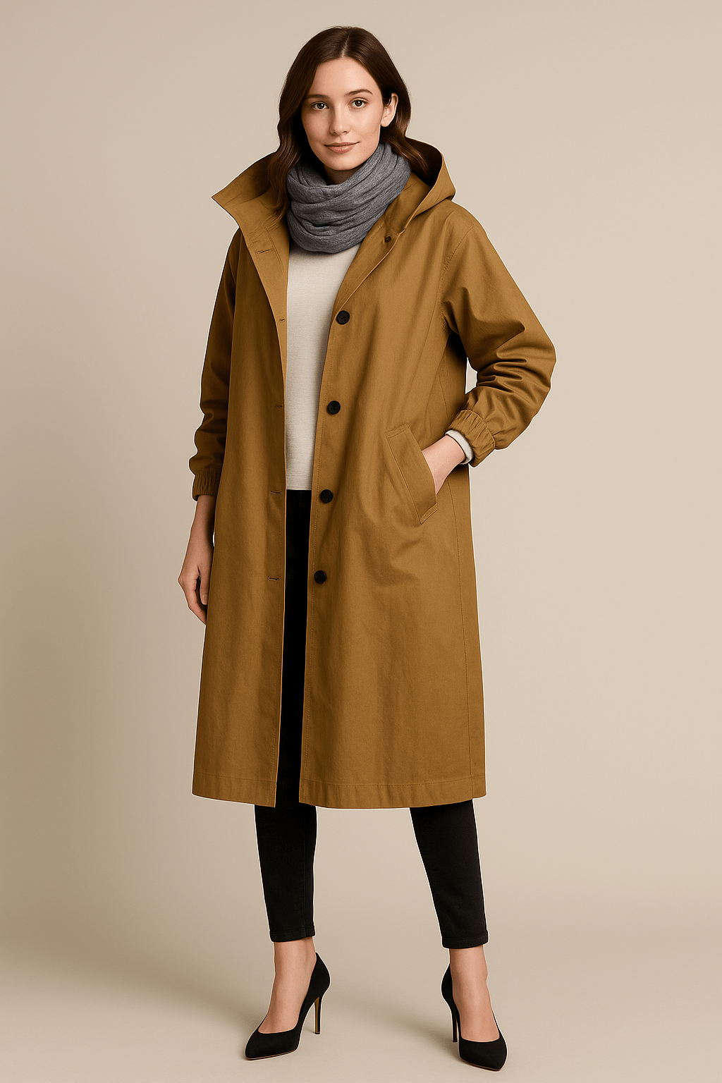 Women's Hooded Long Trench Coat with Pockets - Stylish Waterproof Outerwear for All Seasons