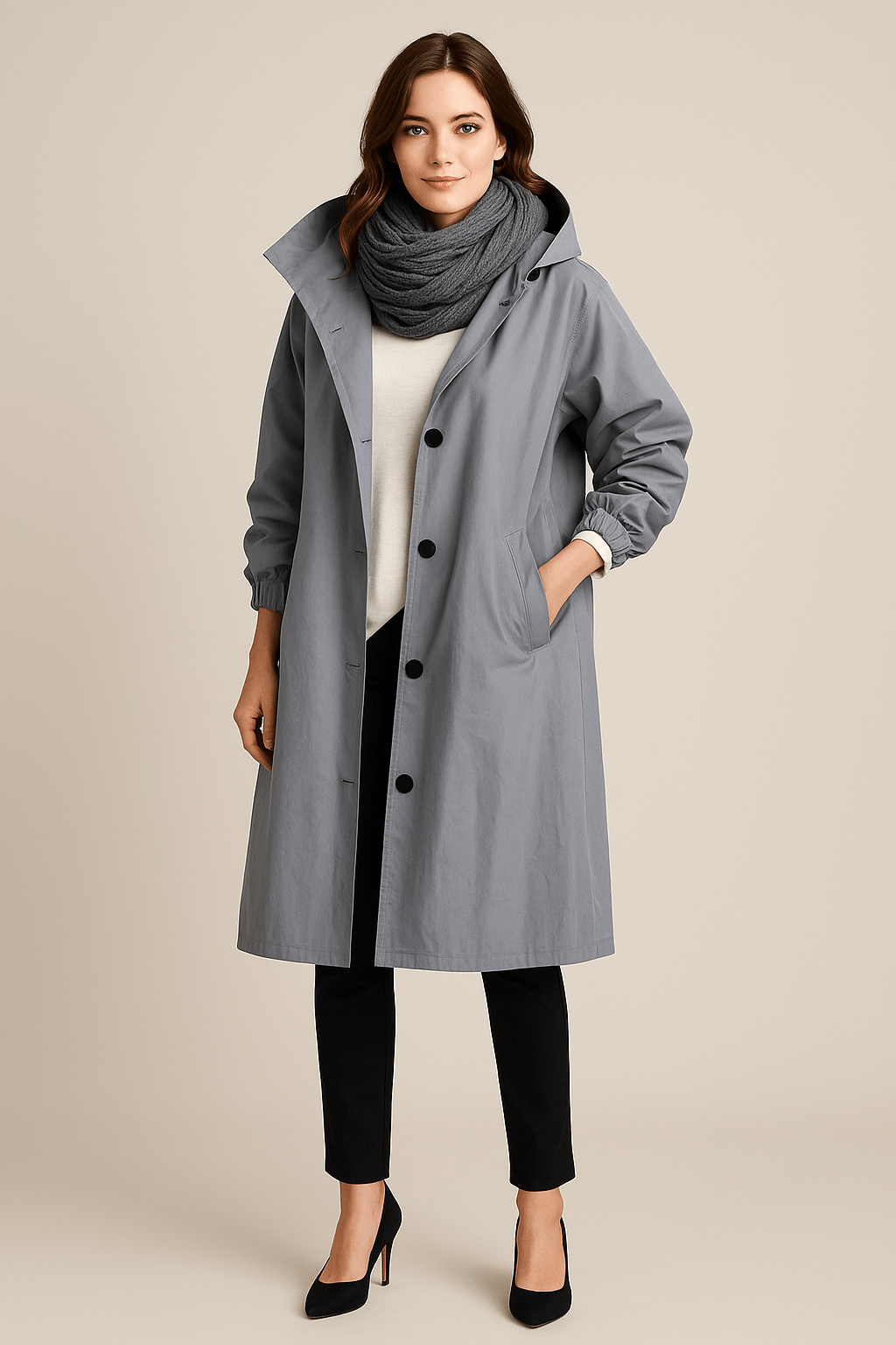 Women's Hooded Long Trench Coat with Pockets - Stylish Waterproof Outerwear for All Seasons