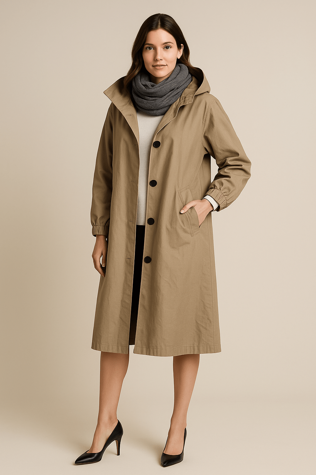 Women's Hooded Long Trench Coat with Pockets - Stylish Waterproof Outerwear for All Seasons