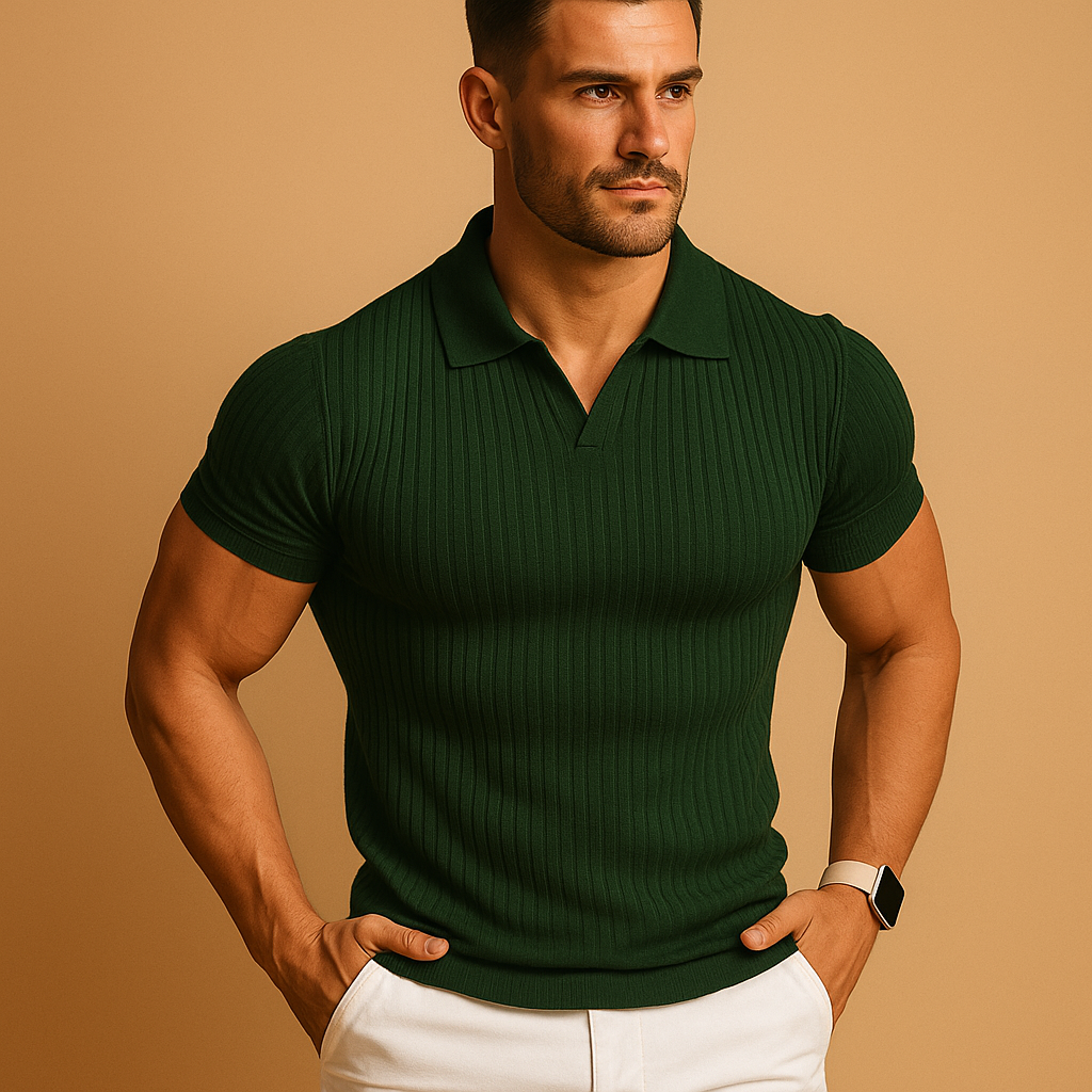 Men's Tailored Polo Shirt with V-Neck and Short Sleeves - Cotton, Casual Fit, Available in Various Colors