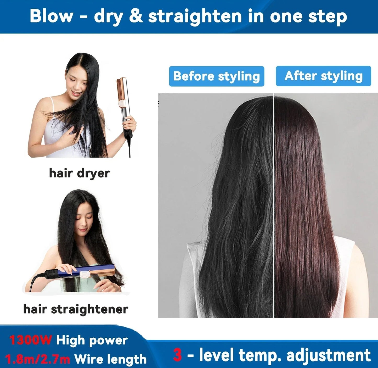 Air Straightener | 2-in-1 Blow-Dryer & Smoothing Tool with Ion Technology for All Hair Types