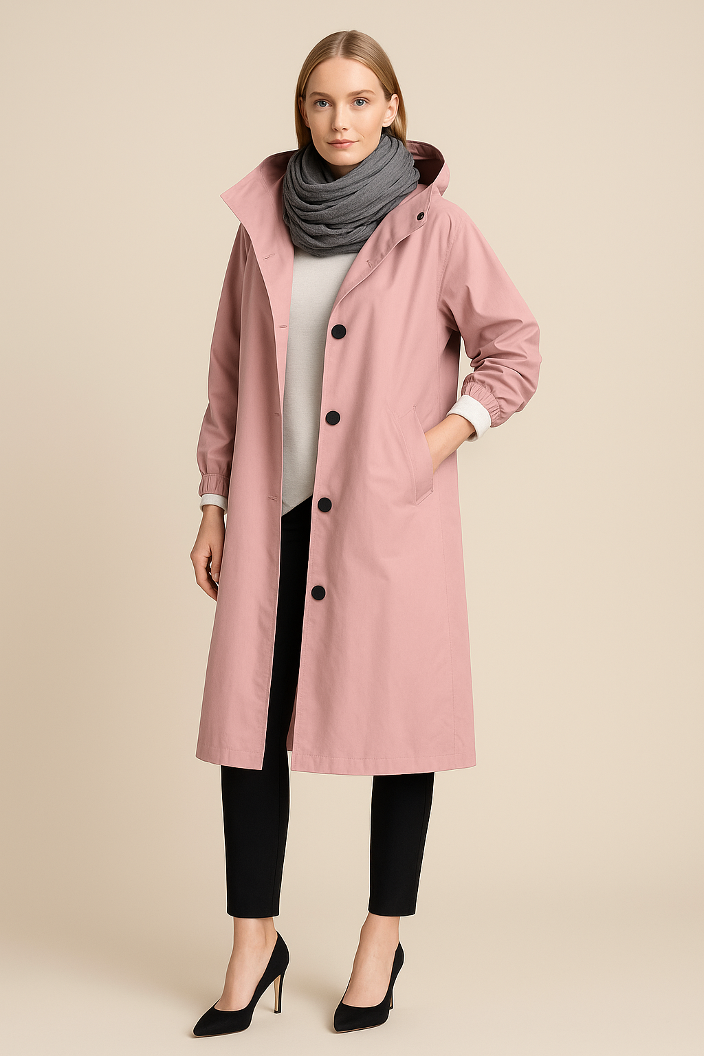 Women's Hooded Long Trench Coat with Pockets - Stylish Waterproof Outerwear for All Seasons
