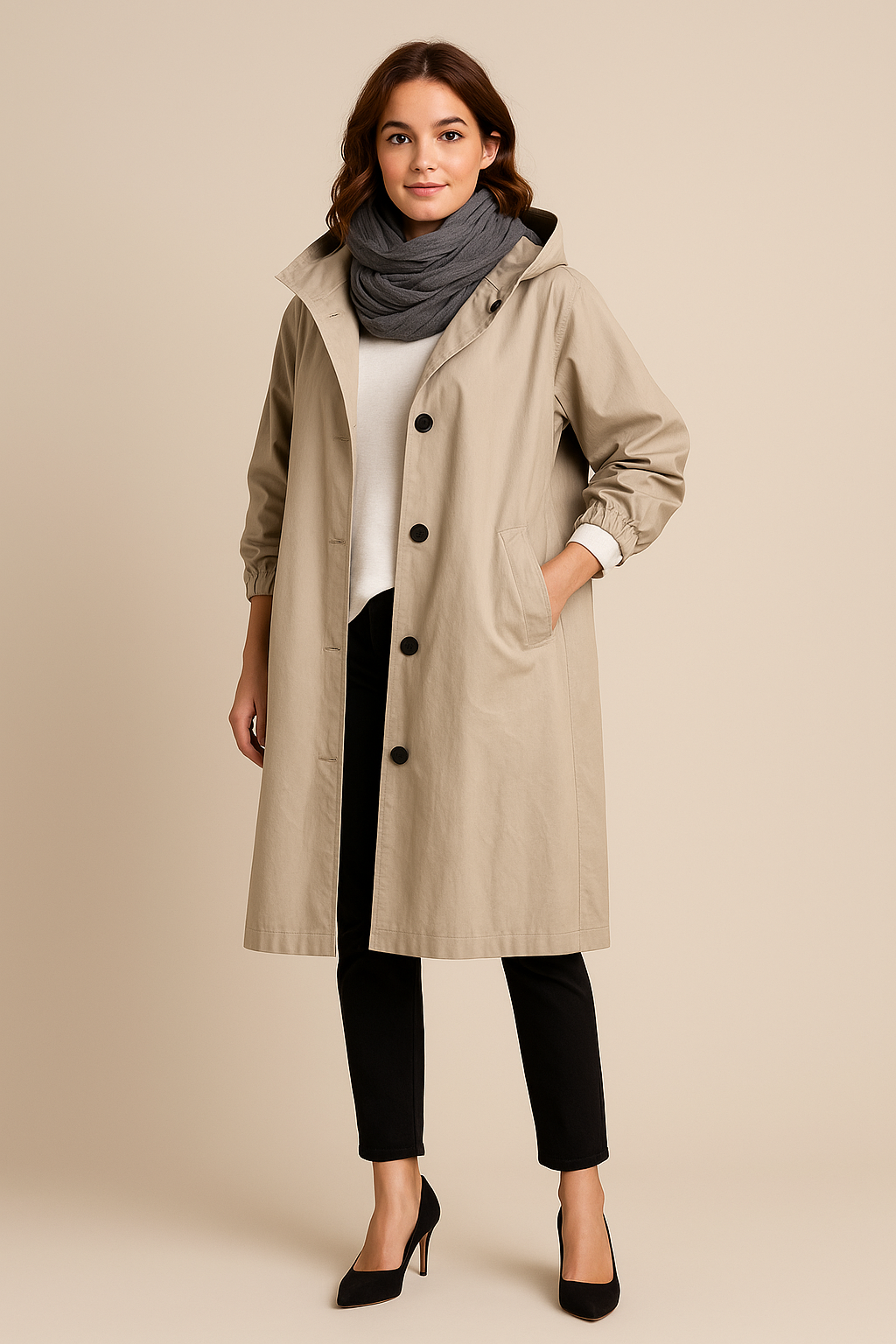 Women's Hooded Long Trench Coat with Pockets - Stylish Waterproof Outerwear for All Seasons