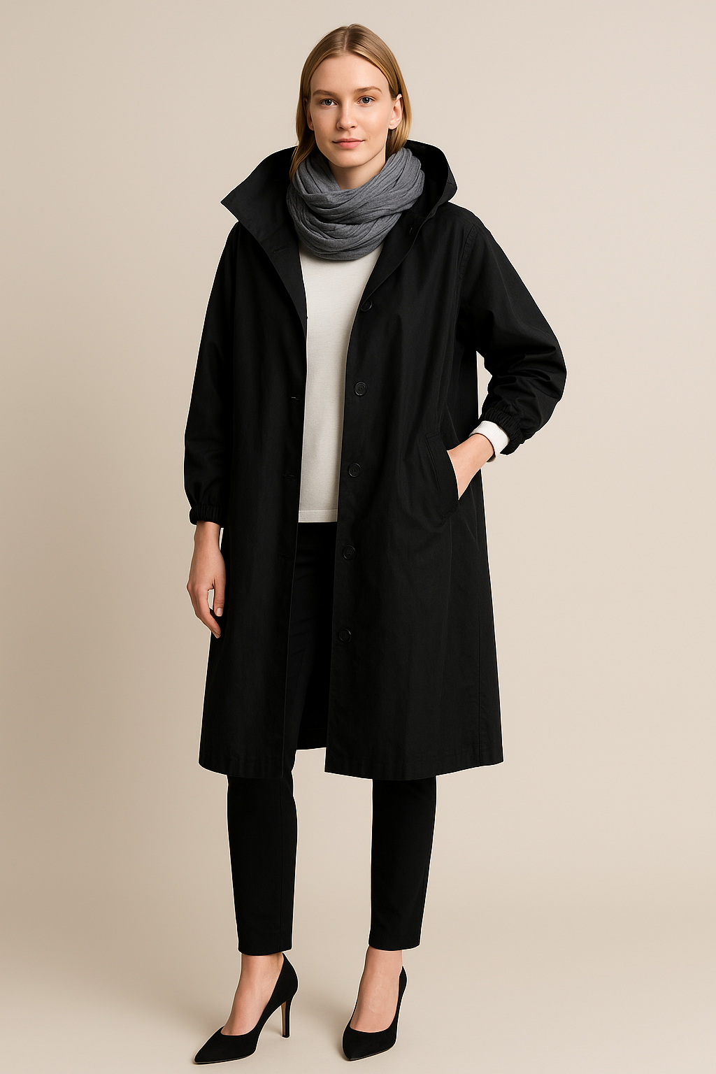 Women's Hooded Long Trench Coat with Pockets - Stylish Waterproof Outerwear for All Seasons