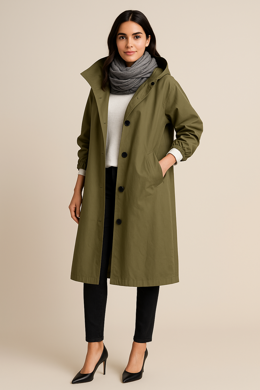 Women's Hooded Long Trench Coat with Pockets - Stylish Waterproof Outerwear for All Seasons