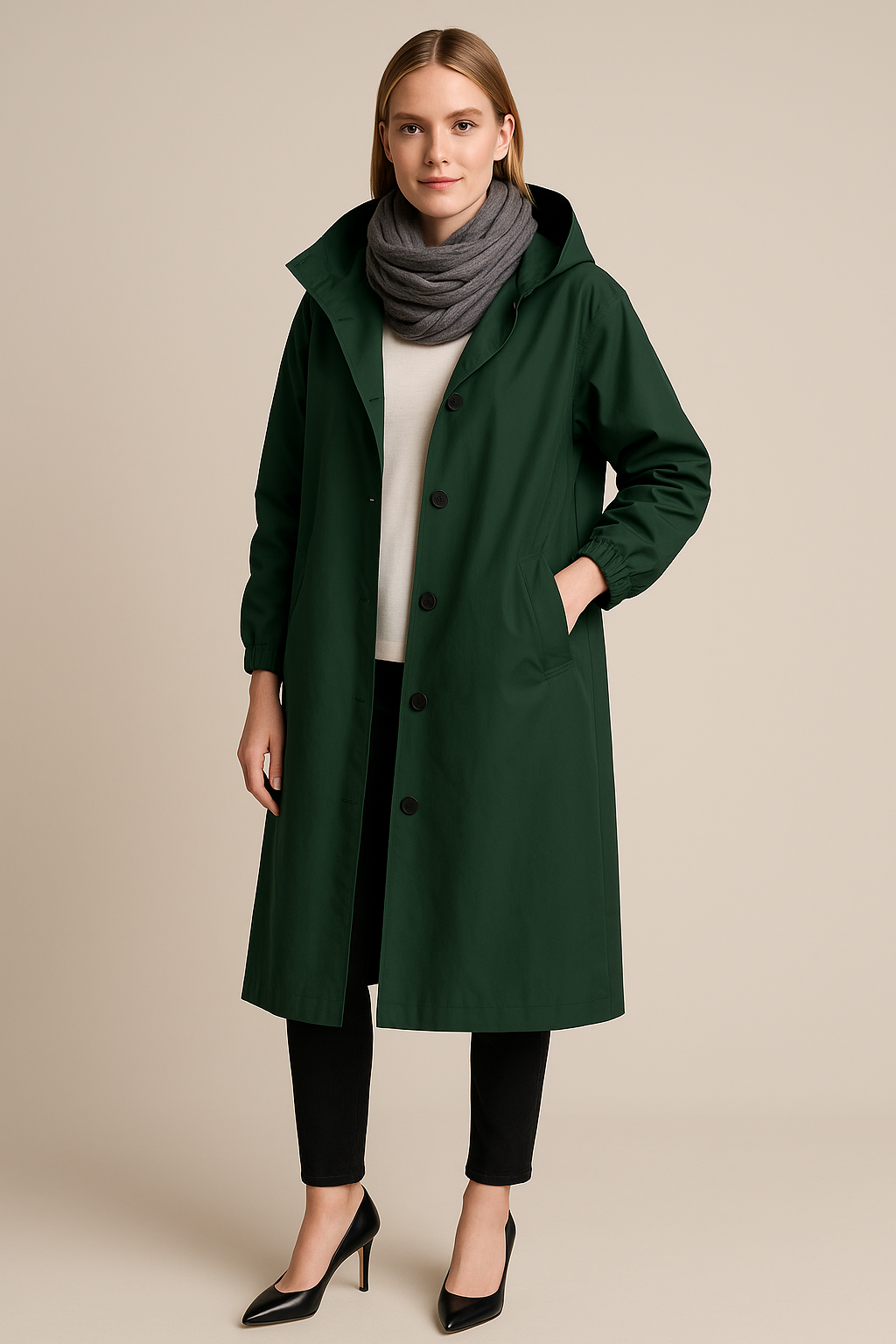 Women's Hooded Long Trench Coat with Pockets - Stylish Waterproof Outerwear for All Seasons