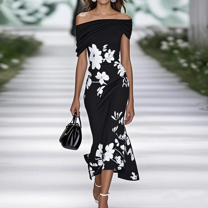Women’s Off Shoulder Midi Dress – Fitted Waist – Floral Print – Breathable Fabric