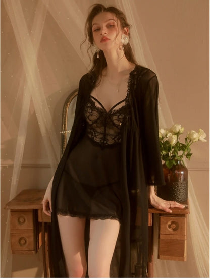 Romantic Women’s Sleepwear | Lace Negligee & Ruffle Robe Set | Nightwear