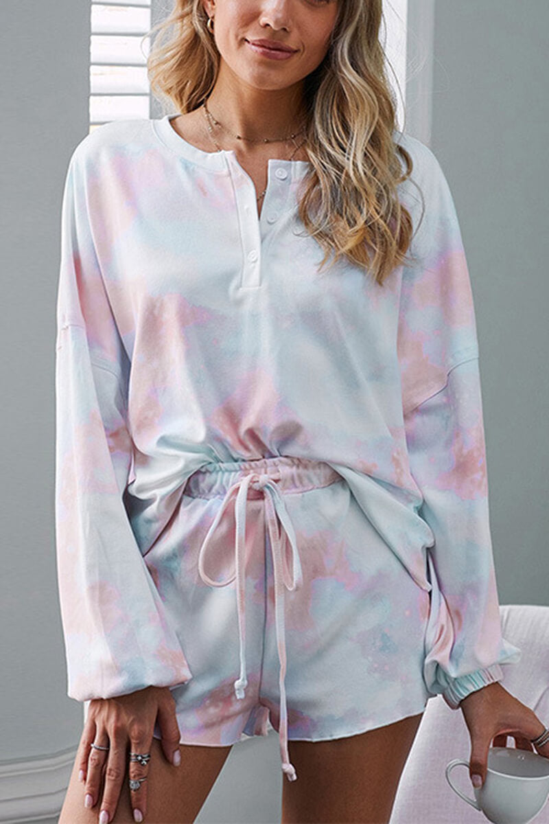 Women's Tie-Dye 2-Piece Pyjama Set | Long Sleeve Top & Drawstring Shorts for Comfortable Lounging and Sleep