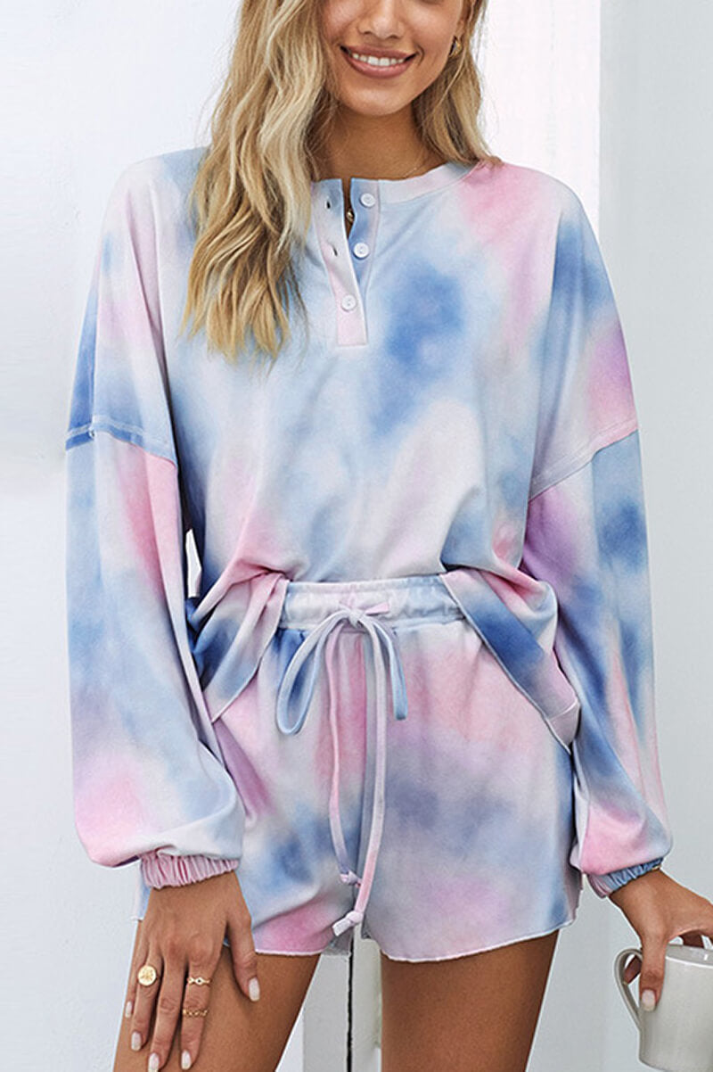 Women's Tie-Dye 2-Piece Pyjama Set | Long Sleeve Top & Drawstring Shorts for Comfortable Lounging and Sleep