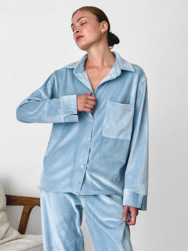 Women's Relaxed Fit 2-Piece Pyjama Set | Button-Up Shirt & Wide-Leg Trousers for Lounging and Sleep