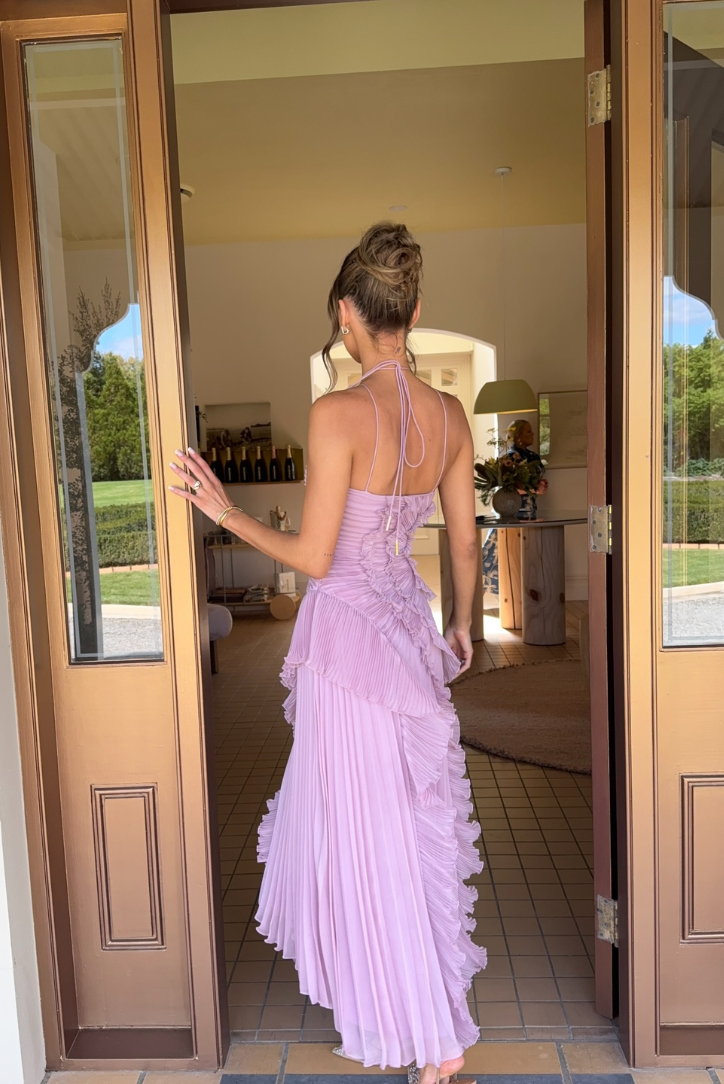 Women's Asymmetric Pleated Ruffle Dress | Halter Neckline & Flowing Skirt for Special Occasions and Stylish Evenings